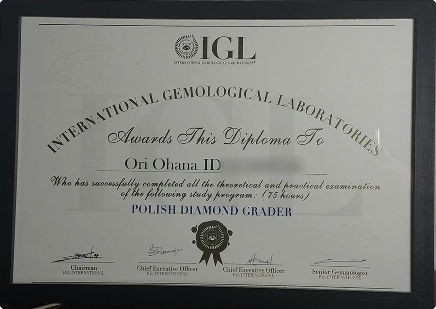 IGL diploma, Polish Diamond Grader, awarded to Ori Ohana