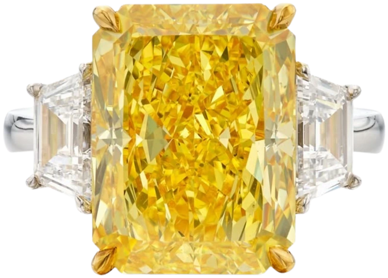Yellow radiant diamond ring with trapezoid side stones