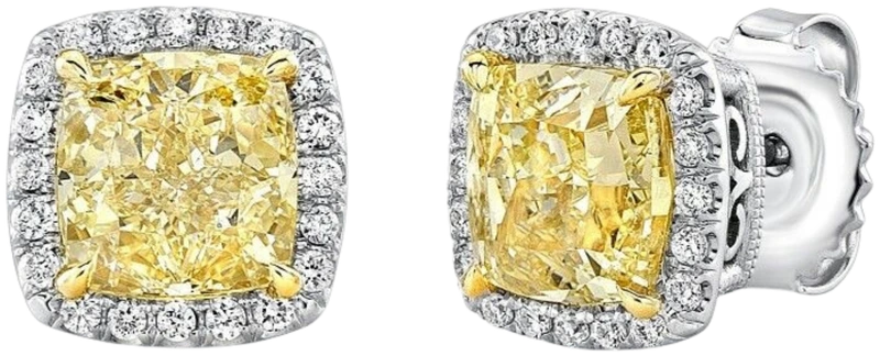 Yellow cushion diamond stud earrings with halo