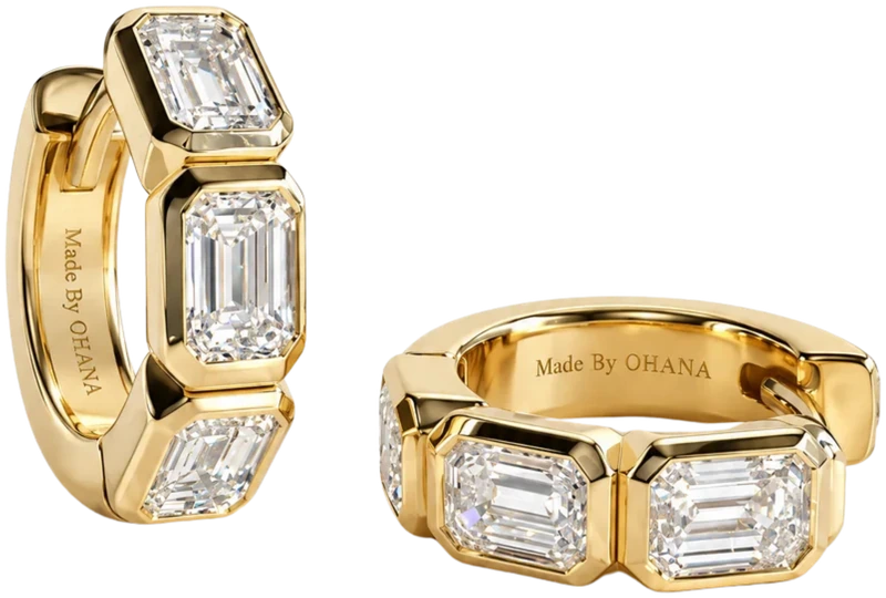 Emerald-cut diamond huggie earrings in yellow gold
