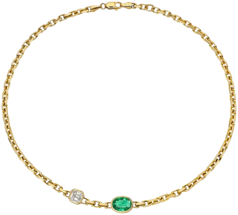 Yellow gold chain bracelet with emerald and diamond
