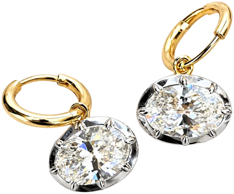 Oval diamond drop earrings with yellow gold huggie hoops